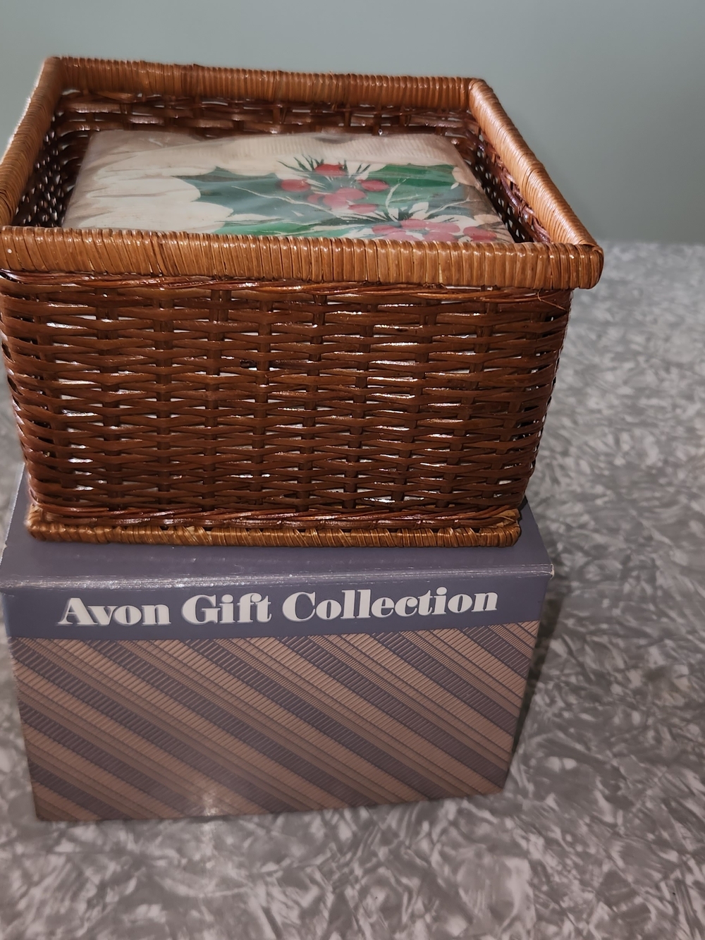 Avon Brown Wicker Decorative Basket with Holiday Napkin